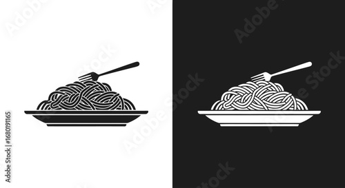 A plate of spaghetti or pasta, a black and white split icon symbolizing Italian cuisine and a delicious dinner meal.