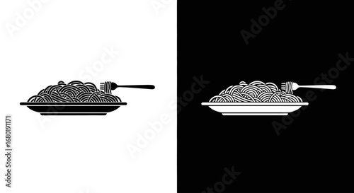 An outline style plate of spaghetti with a fork, a modern icon for an Italian restaurant or a food blog.