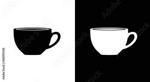 A classic coffee cup or teacup, a black and white split icon for a cafe, coffee shop, or a hot beverage menu.