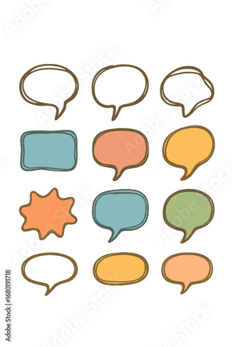 This delightful vector collection features various hand-drawn, doodle-style speech and thought bubbles, rendered with soft pastel colors, ideal for creative design projects.