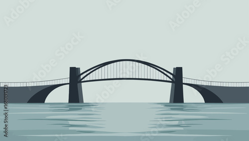 Modern arch bridge over calm water reflecting a serene sky in a scalable vector illustration