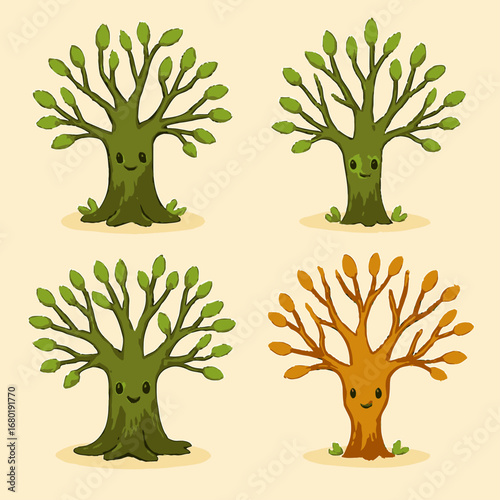 This charming illustration presents four anthropomorphic tree characters, three with lush green leaves symbolizing vitality, and one with warm autumnal hues.