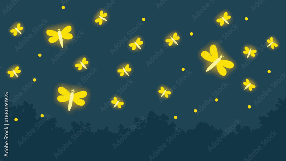 Fototapeta premium Enchanting fireflies illuminating a dark forest scene with magical glow and gentle movement