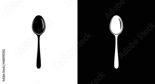 A classic dining spoon, a black and white split icon representing eating, soup, dessert, and common kitchen utensils.