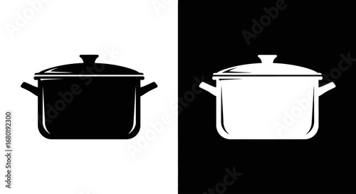 A cooking pot with a lid, a black and white split icon symbolizing home cooking, kitchenware, and preparing a meal.