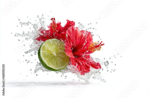 Vibrant Hibiscus Flower with Lime Slice Splashing Water