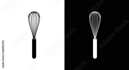 A kitchen whisk, a black and white split icon representing baking, cooking, and mixing ingredients.