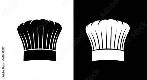 A classic chef hat (toque), a black and white split icon symbolizing culinary arts, professional cooking, and the restaurant industry.