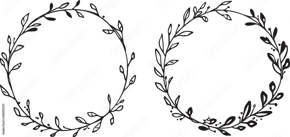 Obraz premium Elegant Floral Wreath Collection Vector Illustration for Wedding Invitations and Design Projects Black and White Botanical Circle Frames