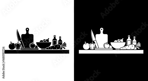 An outline style of a cutting board with ingredients, a modern and clean icon for a recipe blog or cooking website.