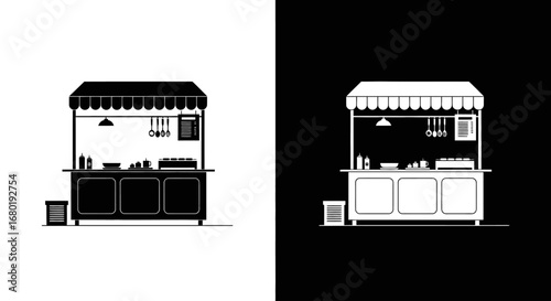 A street food stall or kiosk, a black and white icon representing a small business, a local market, and quick service food.