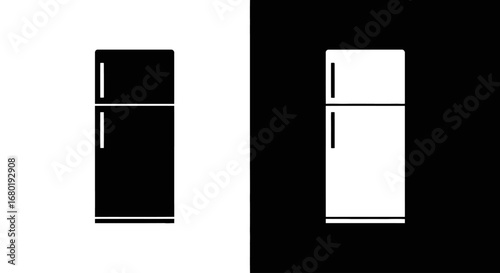A modern refrigerator or fridge, a black and white split icon for kitchen appliances, food storage, and home electronics.