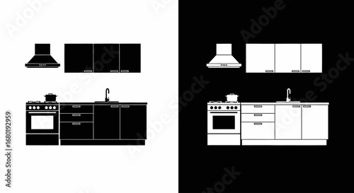 An outline style kitchen interior, a modern and clean icon for an architecture firm, an interior designer, or a furniture catalog.