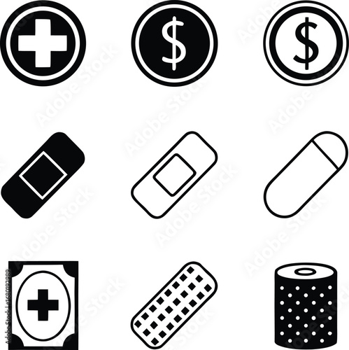 medical, expense, science, first, aid, supply, icon, set, for, healthcare, cost, and, emergency, treatment, vector