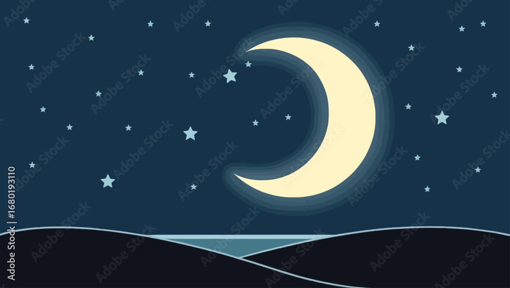 Fototapeta premium Stylized crescent moon and starry night sky with subtle landscape vector illustration