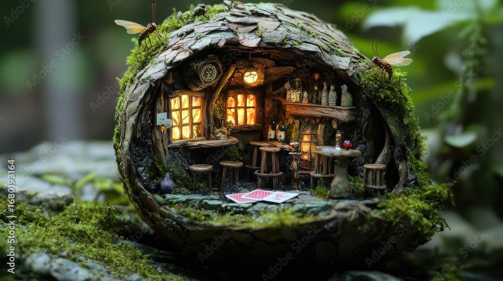 Fototapeta premium A miniature tavern inside a hollow acorn, glowing windows, bark shingles, mossy barstools with caterpillars playing cards hyper-real, whimsical realism