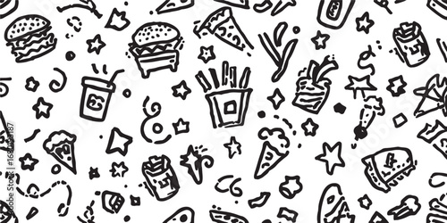 Fast Food Doodles Seamless Pattern Vector Background with Burgers Fries Pizza and Stars Festive and Fun Design