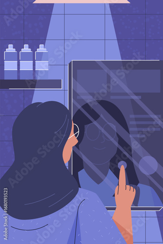 A woman interacts with a smart mirror interface in a modern bathroom, tapping the digital display for controls.