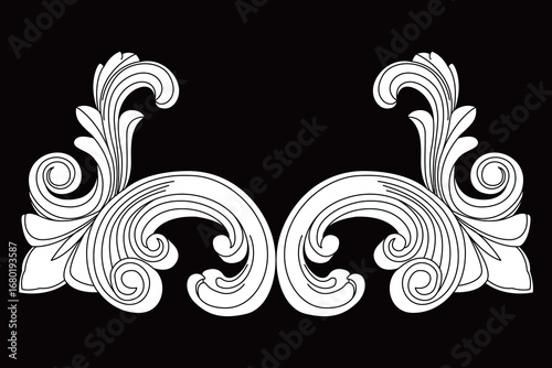 Traditional elegant symmetrical ornate scroll with swirling leaves and decorative curls.