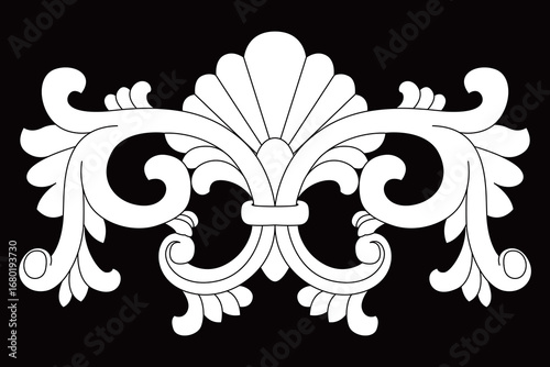 A detailed symmetrical classic decorative ornament features elegant ornate scroll and shell motif.