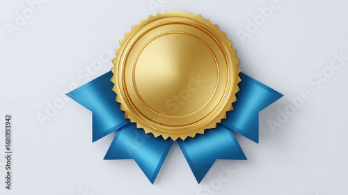 Gold seal with blue ribbon, signifying achievement or award