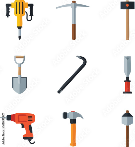 Collection of construction and handyman tools, including drills, hammers, and a jackhammer, rendered as modern flat vector icons for industrial and DIY use.