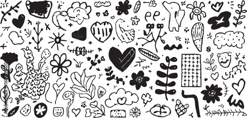 Fun Black and White Doodle Pattern Featuring Hearts Flowers Leaves Clouds and Whimsical Characters Perfect for Creative Backgrounds and Designs