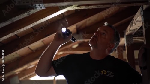 Attic Inspection: Man with Flashlight Examines Roof Beams for Damage and Structural Integrity