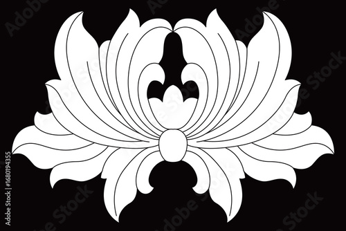 A classical ornamental design featuring a symmetrical leaf motif forms an elegant flourish.