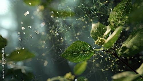 Lush green leaves with interconnected nodes and water droplets, suggesting nature's network