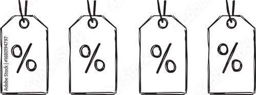 Hand Drawn Black and White Percent Symbol Tags for Sales Promotion and Discount Offers Shopping and Marketing Illustration