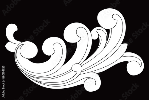 An elegant ornamental flourish features classic acanthus leaf styling and flowing curves.