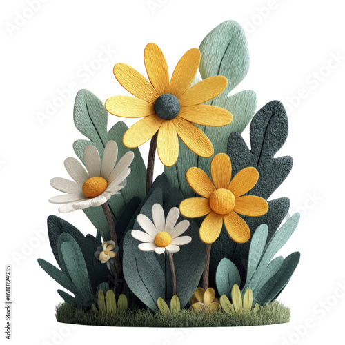 A stylized arrangement of yellow and white daisy like flowers with textured green leaves and grass on a transparent