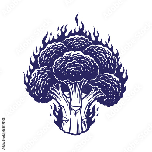 Illustrated broccoli vegetable with flames graphic in a bold blue and white color palette