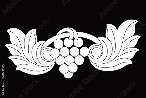 An intricate classic ornamental design displays a central grape cluster and flowing foliage.