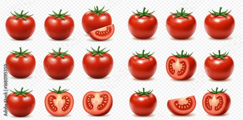 Realistic red tomatoes presented whole, sliced in half, and as wedges on a transparent background.