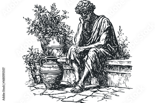 Ancient philosopher contemplating with a thoughtful pose in a garden setting. Vector hand drawn illustration