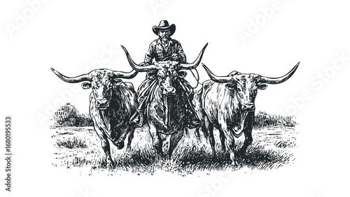 Cowboy on Horseback Herding Longhorn Cattle Through Grassy Field. Vector hand drawn illustration