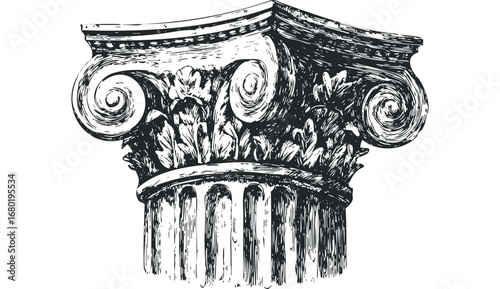 Ornate column capital with acanthus leaves and volutes, ink sketch. Vector hand drawn illustration