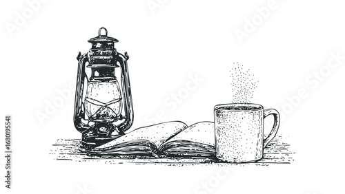 Vintage Oil Lantern and Steaming Coffee Mug Beside Open Book. Vector hand drawn illustration