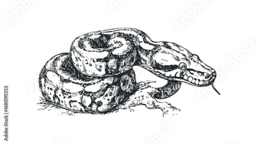 Detailed ink sketch of a coiled python with scales and tongue showing. Vector hand drawn illustration