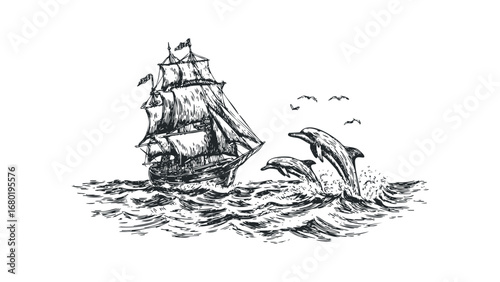 Vintage sailing ship with jumping dolphins and seagulls over wavy ocean. Vector hand drawn illustration