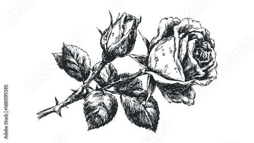 Sketch of a blooming rose with unopened bud and leaves. Vector hand drawn illustration