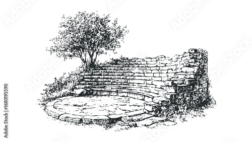 Outdoor stone amphitheater seating area with tree and foliage. Vector hand drawn illustration