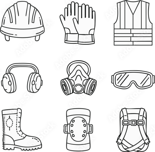 A comprehensive set of personal protective equipment icons, including hard hats, gloves, safety vests, and respirators, illustrating crucial gear for workplace safety.