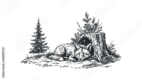 Sleeping fox resting in hollow tree stump surrounded by foliage and pine tree. Vector hand drawn illustration