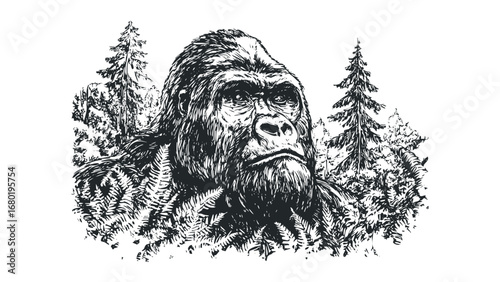 Gorilla in a Dense Forest Hand Drawn Sketch. Vector hand drawn illustration