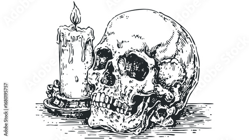 Detailed Ink Drawing of a Human Skull and Dripping Candle. Vector hand drawn illustration