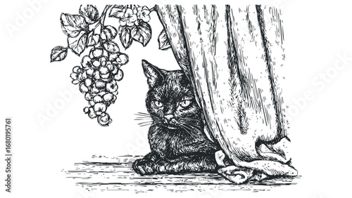 Black cat peeking from behind curtain next to grape cluster. Vector hand drawn illustration
