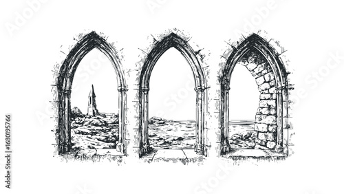 Gothic arches opening to coastal views and ancient ruins. Vector hand drawn illustration
